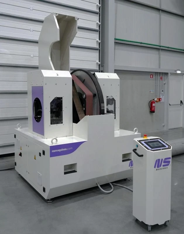 NS ML350 - Pásová bruska na trubky - rotační hlava s dvojicí brusných pásů